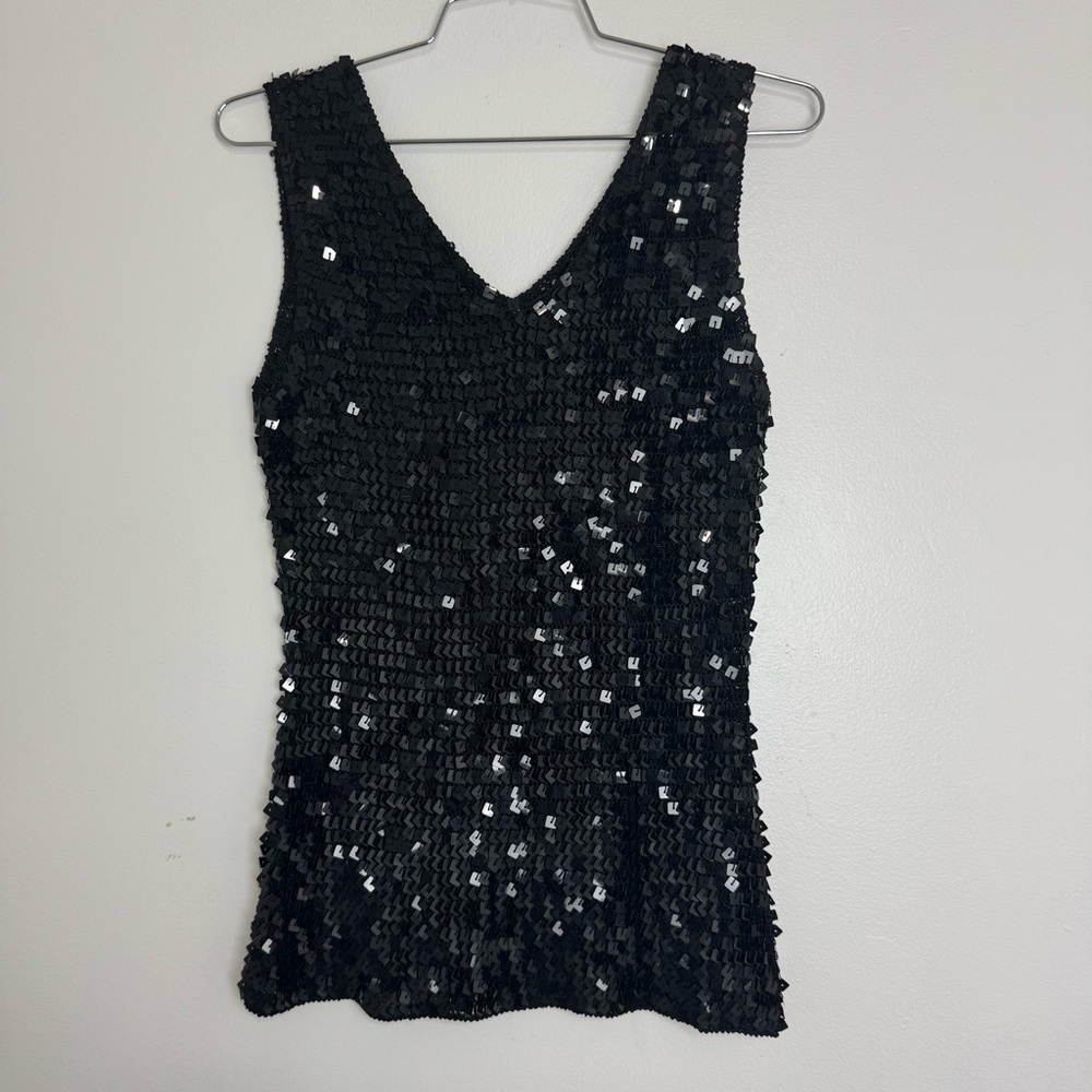 Pat Argenti Black Sequins Sleeveless Blouse Tank Top Size Small